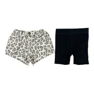 Art Class Leopard Denim Shorts + Cotton On Kids Black Ribbed Shorts Size 6/7